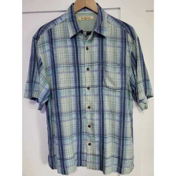 Tommy Bahama Men's Silk Plaid Short Sleeve Button Up Hawaiian Shirt Sz Medium - Picture 1 of 4